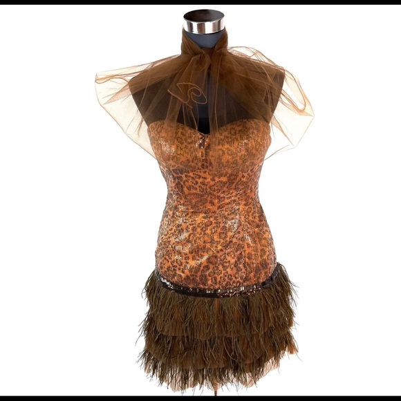 Leopard Print Sequined Ruffle Layered Sweet-Heart Brown Midi Dress - Picture 8 of 11